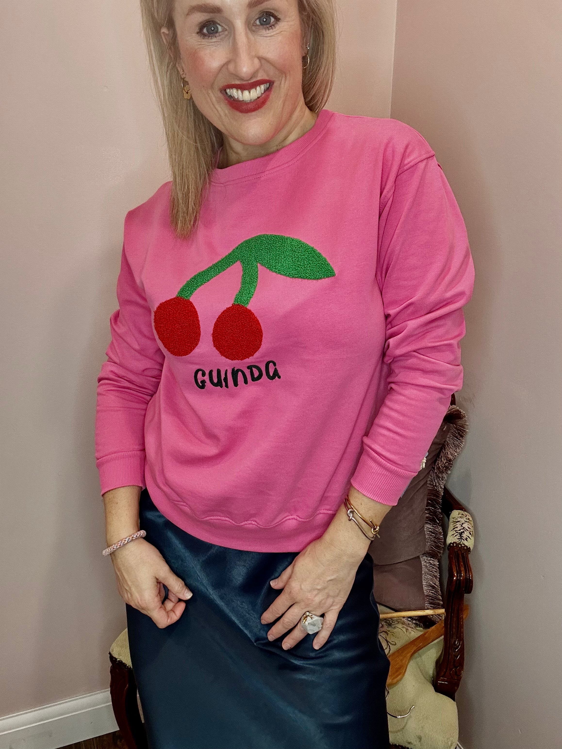 Beatriz Sweatshirt, Pink - with Giant Cherry Embroidery