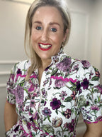 Angela Button-Fronted Midi Dress with Tiered Skirt and Tie Waist, Meadow Bloom