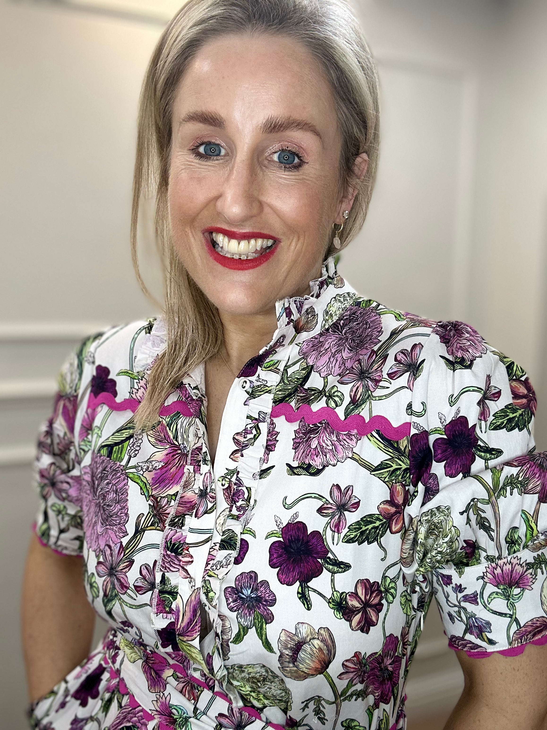 Angela Button-Fronted Midi Dress with Tiered Skirt and Tie Waist, Meadow Bloom