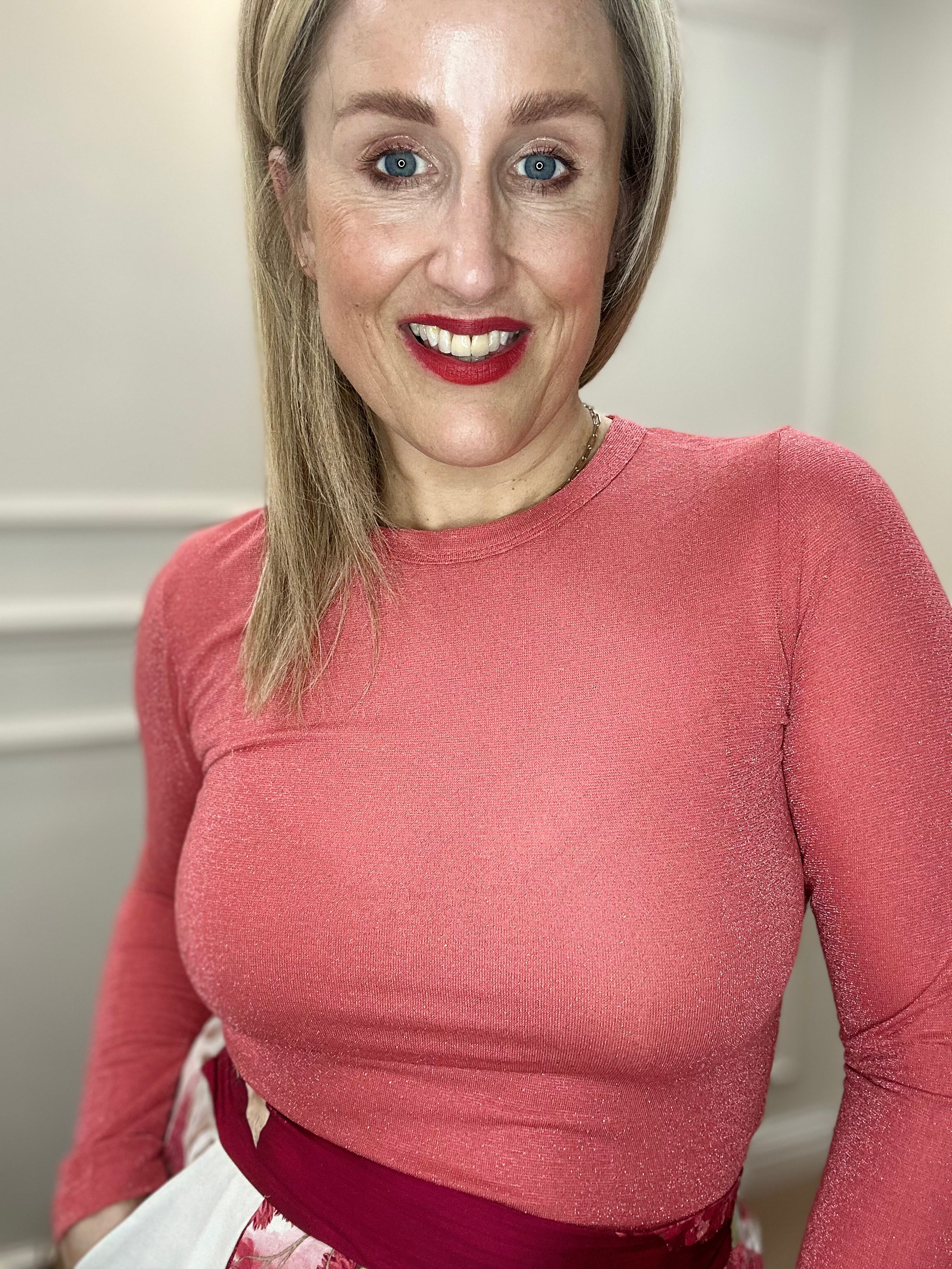 Faye Lurex Long-Sleeved Top, Coral Red