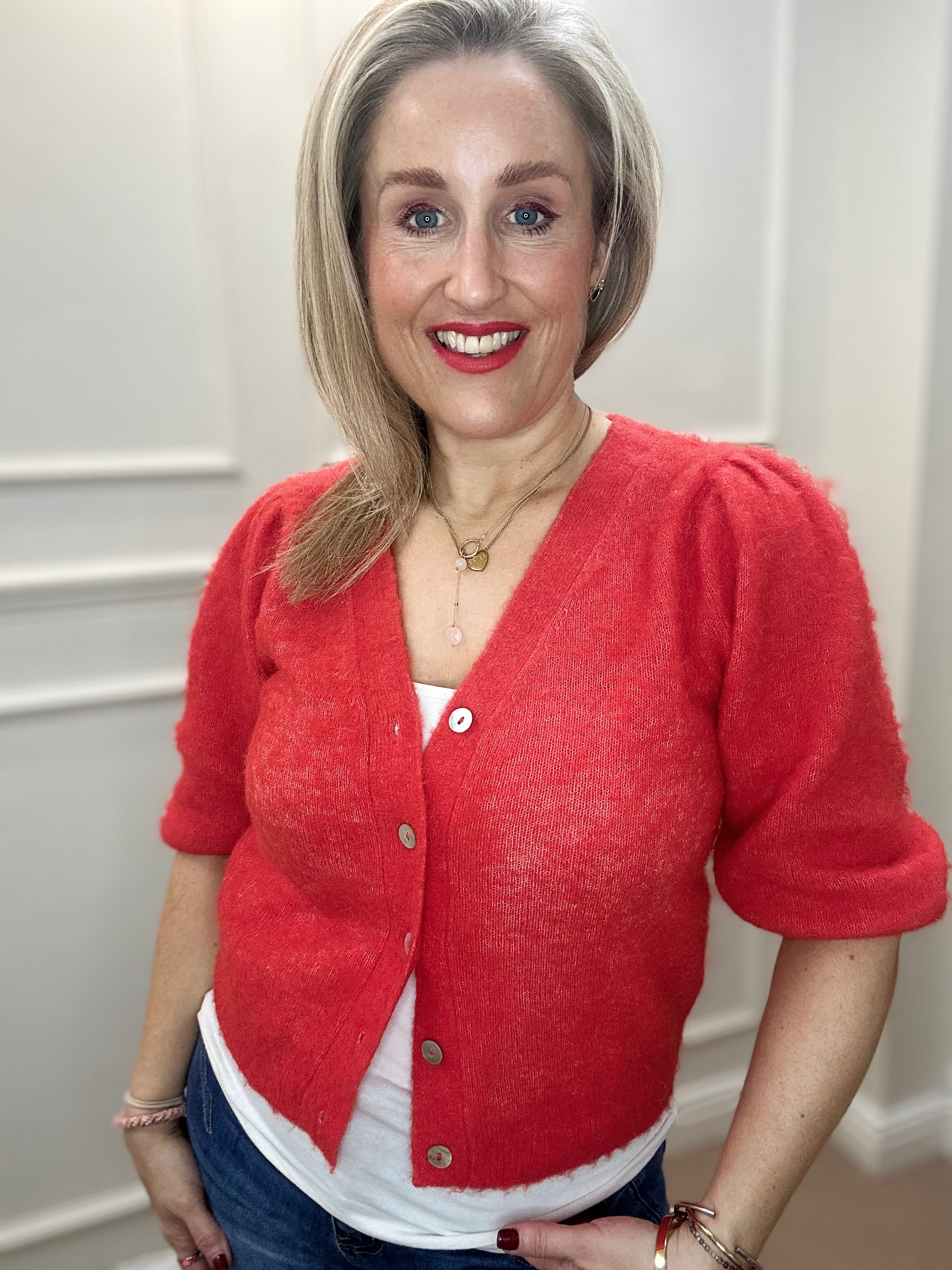 Suri Brushed Short-Sleeved Cardigan, Fiery Red