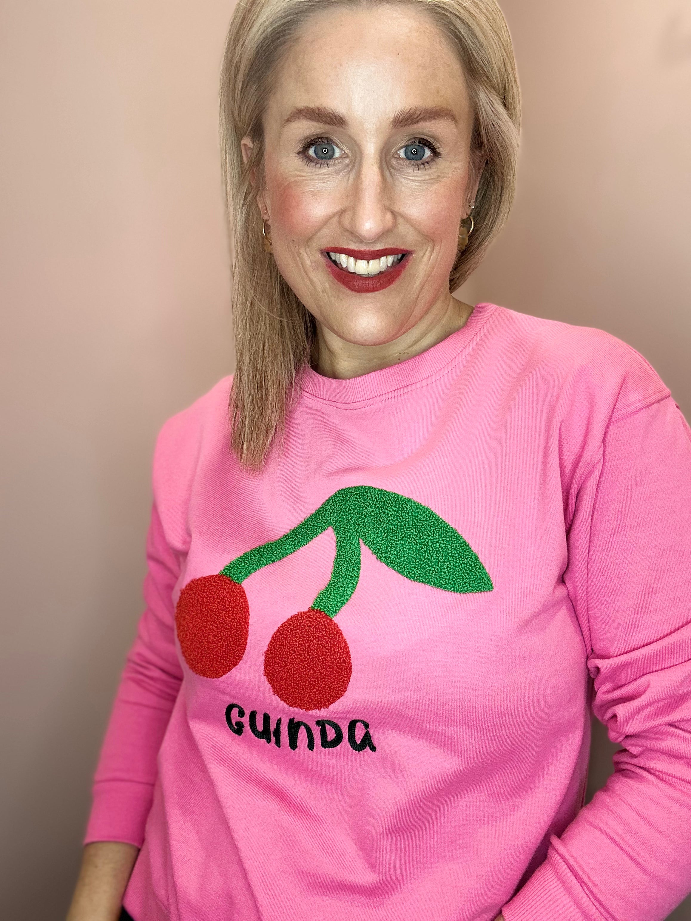 Beatriz Sweatshirt, Pink - with Giant Cherry Embroidery