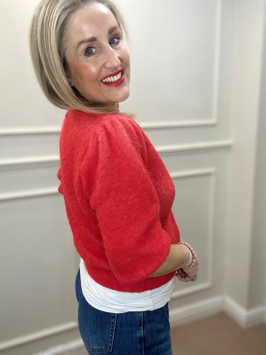 Suri Brushed Short-Sleeved Cardigan, Fiery Red