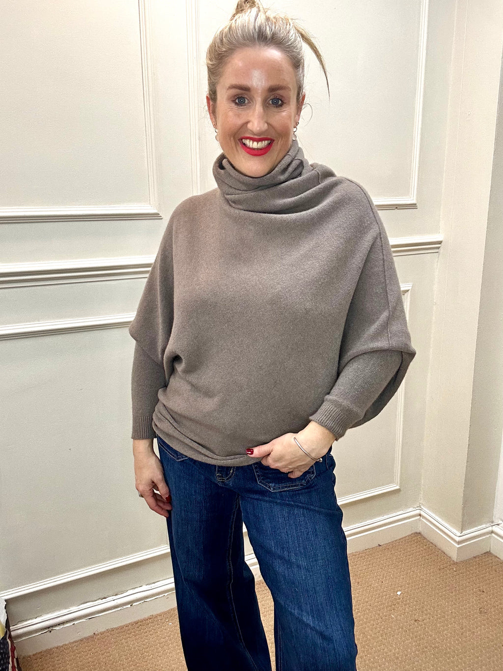 Roll-Neck Asymmetric Knit, Mushroom