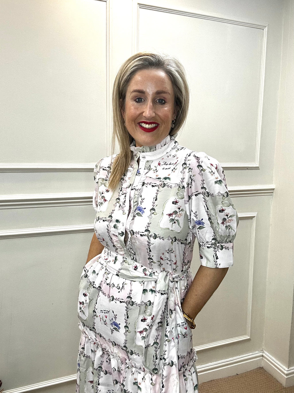 Pamela Button Front Midi Dress with Tiered Skirt and Tie Waist, Pressed Petals