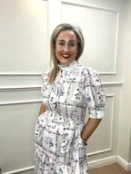 Pamela Button Front Midi Dress with Tiered Skirt and Tie Waist, Pressed Petals