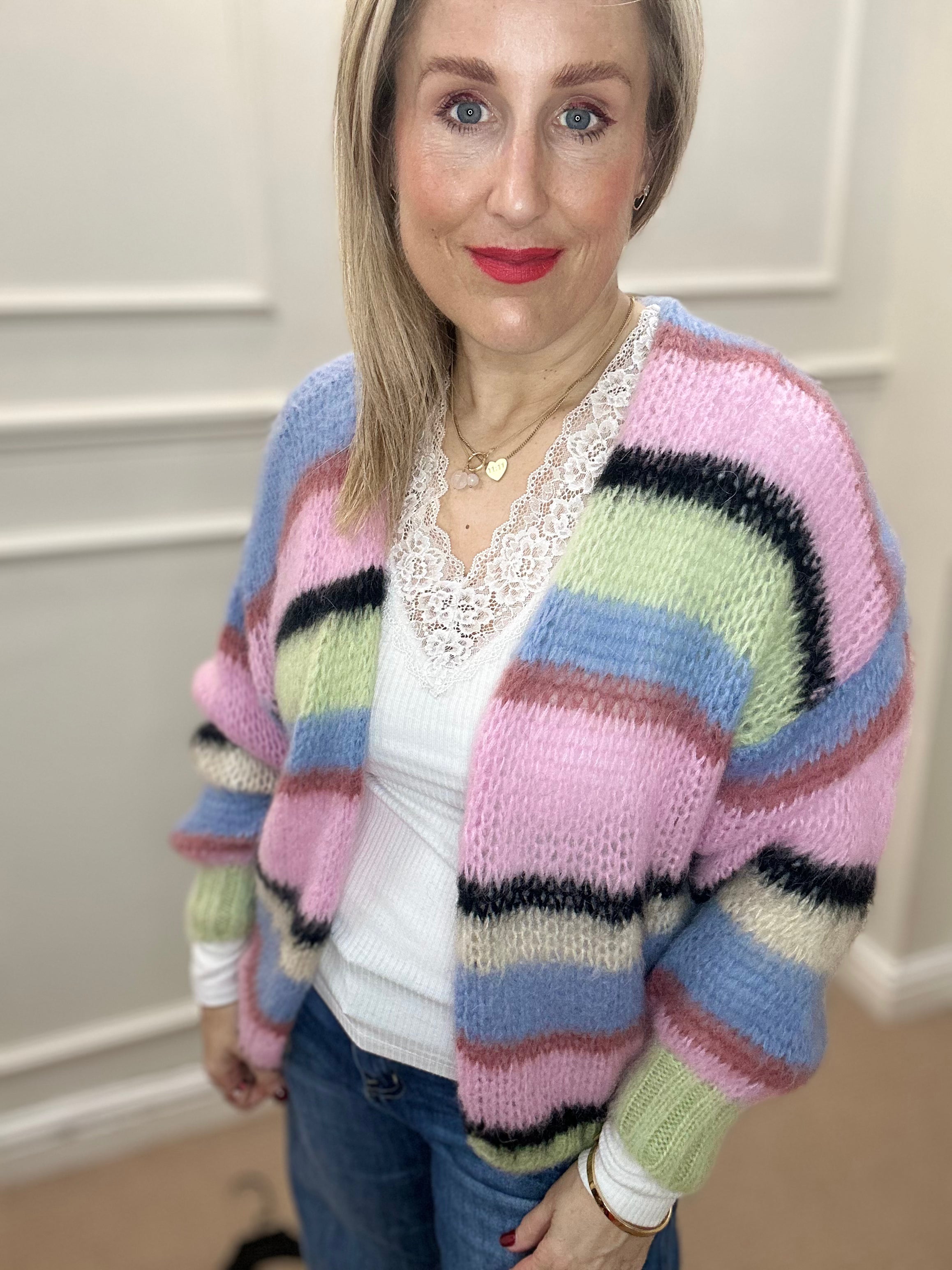 Frey Striped Cardigan, Soft Candy