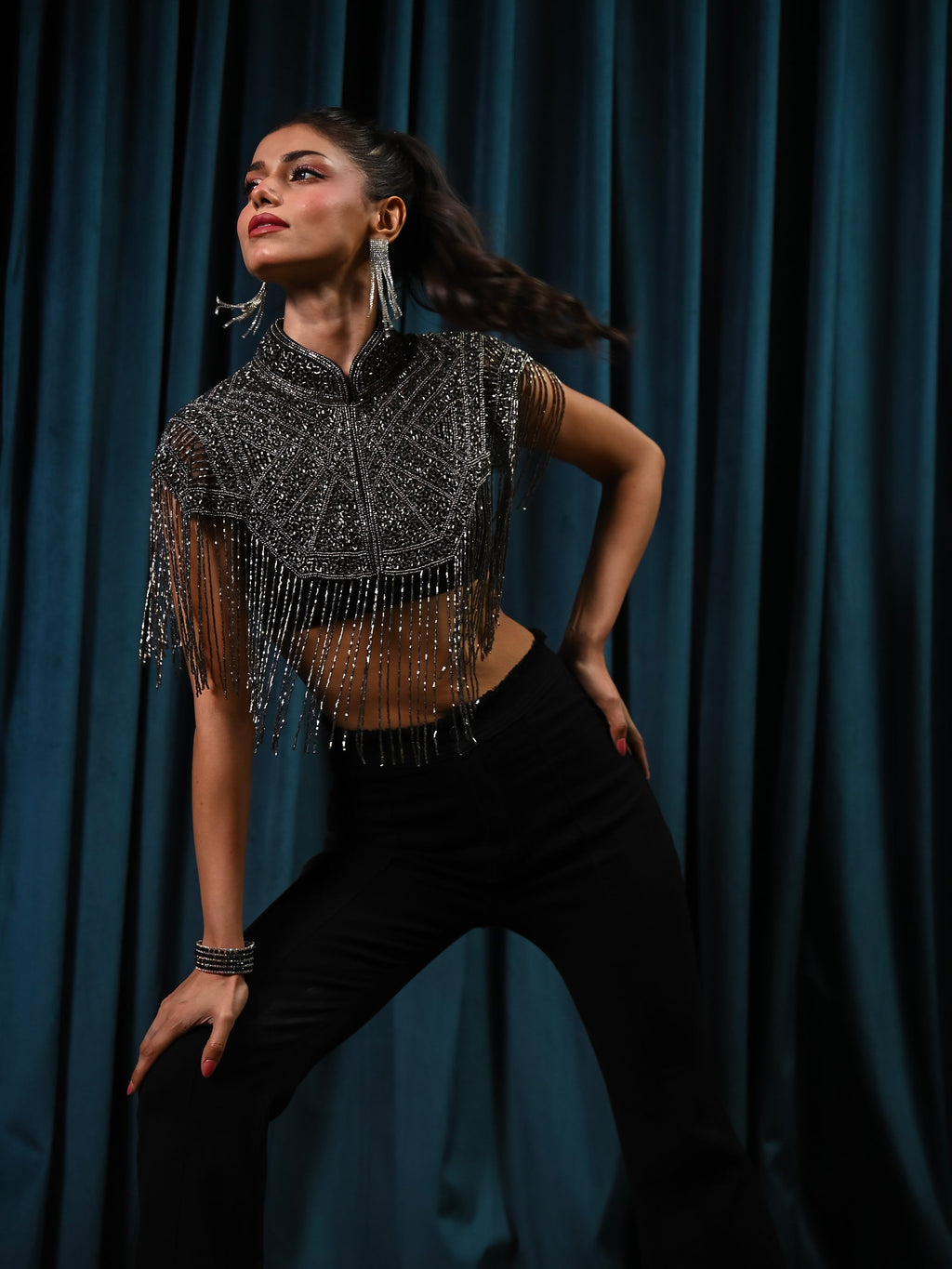 Bonnie Hand Embellished Black Silver Fringe Cape