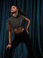 Bonnie Hand Embellished Black Silver Fringe Cape
