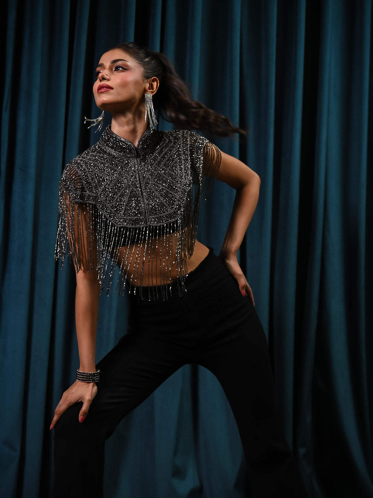 Bonnie Hand Embellished Black Silver Fringe Cape