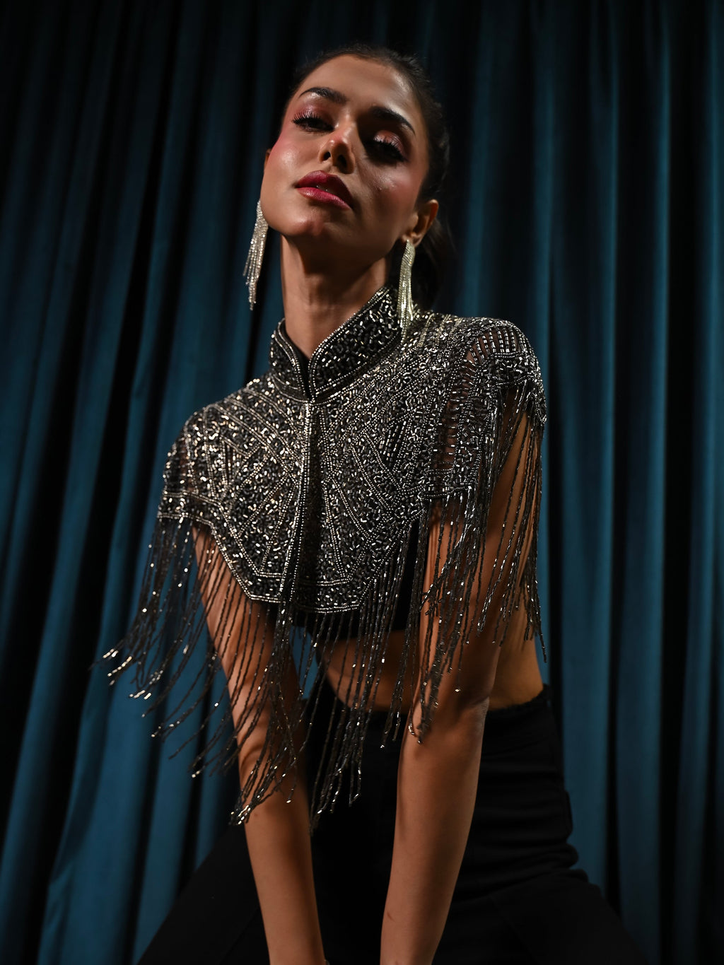 Bonnie Hand Embellished Black Silver Fringe Cape