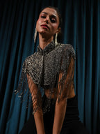 Bonnie Hand Embellished Black Silver Fringe Cape
