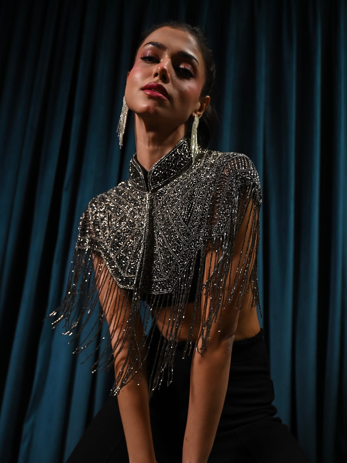Bonnie Hand Embellished Black Silver Fringe Cape