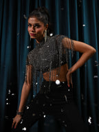 Bonnie Hand Embellished Black Silver Fringe Cape