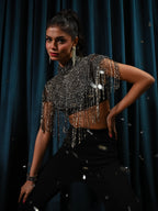 Bonnie Hand Embellished Black Silver Fringe Cape