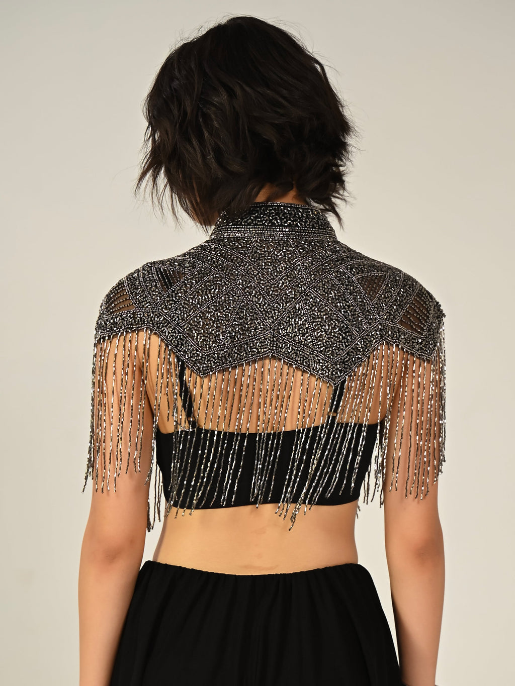 Bonnie Hand Embellished Black Silver Fringe Cape