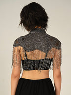 Bonnie Hand Embellished Black Silver Fringe Cape