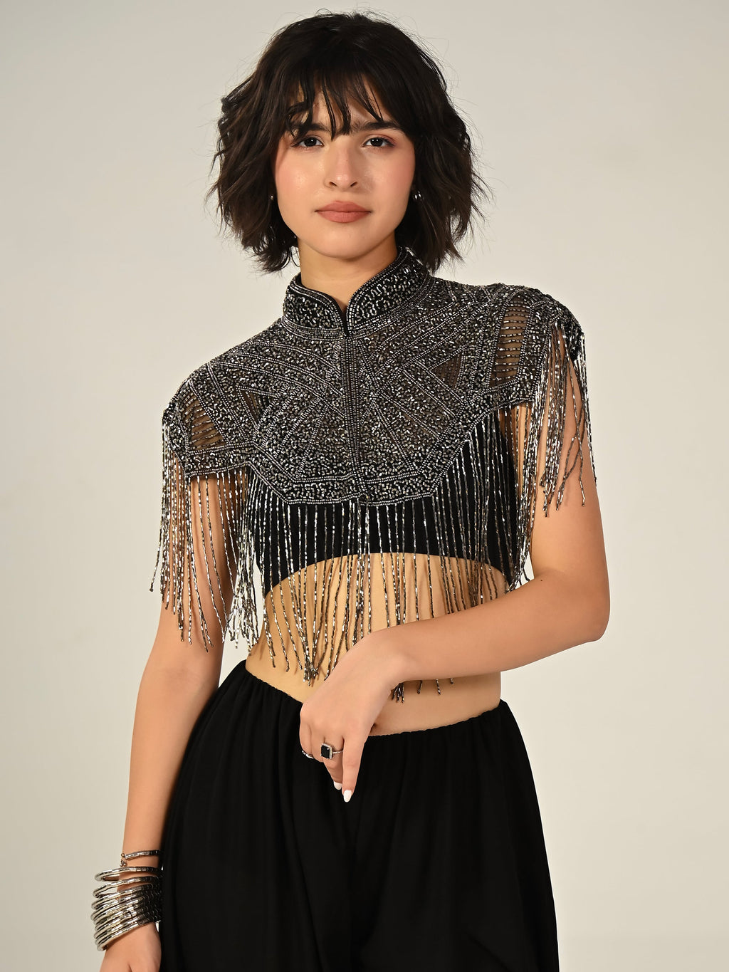 Bonnie Hand Embellished Black Silver Fringe Cape