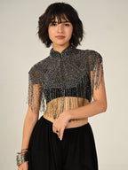 Bonnie Hand Embellished Black Silver Fringe Cape