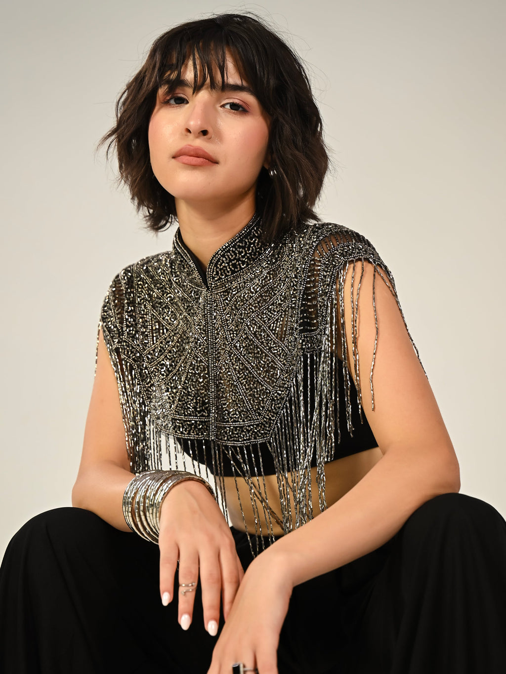 Bonnie Hand Embellished Black Silver Fringe Cape