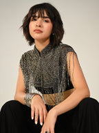 Bonnie Hand Embellished Black Silver Fringe Cape