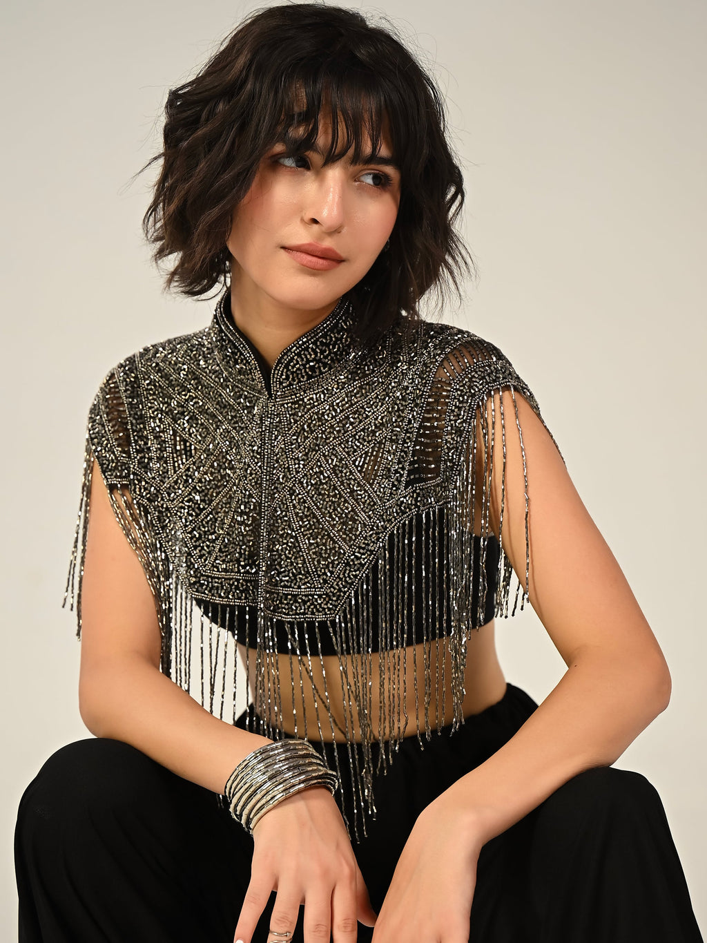 Bonnie Hand Embellished Black Silver Fringe Cape