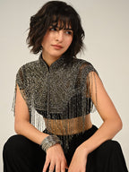 Bonnie Hand Embellished Black Silver Fringe Cape
