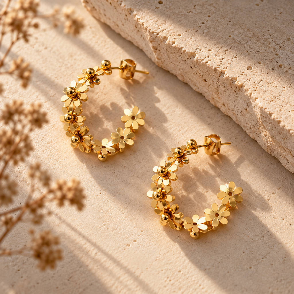 Gold-tone floral ring earrings formed from small flowers, arranged on a stone slab.