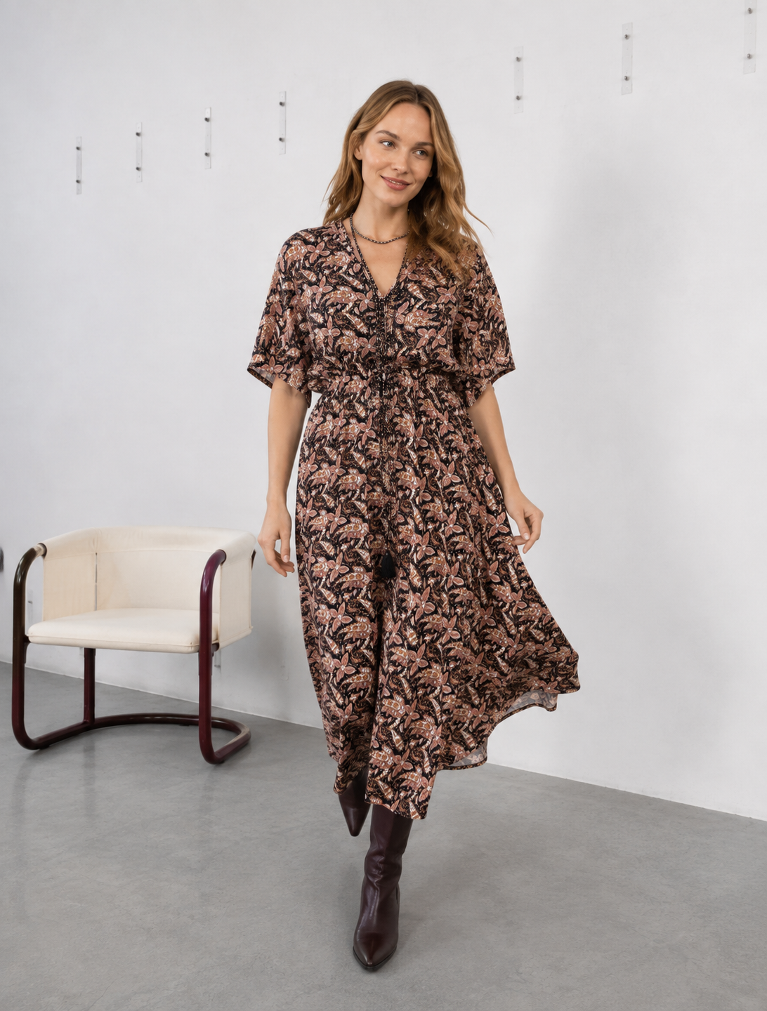 Luna Long V-Neck Dress, Glory Black