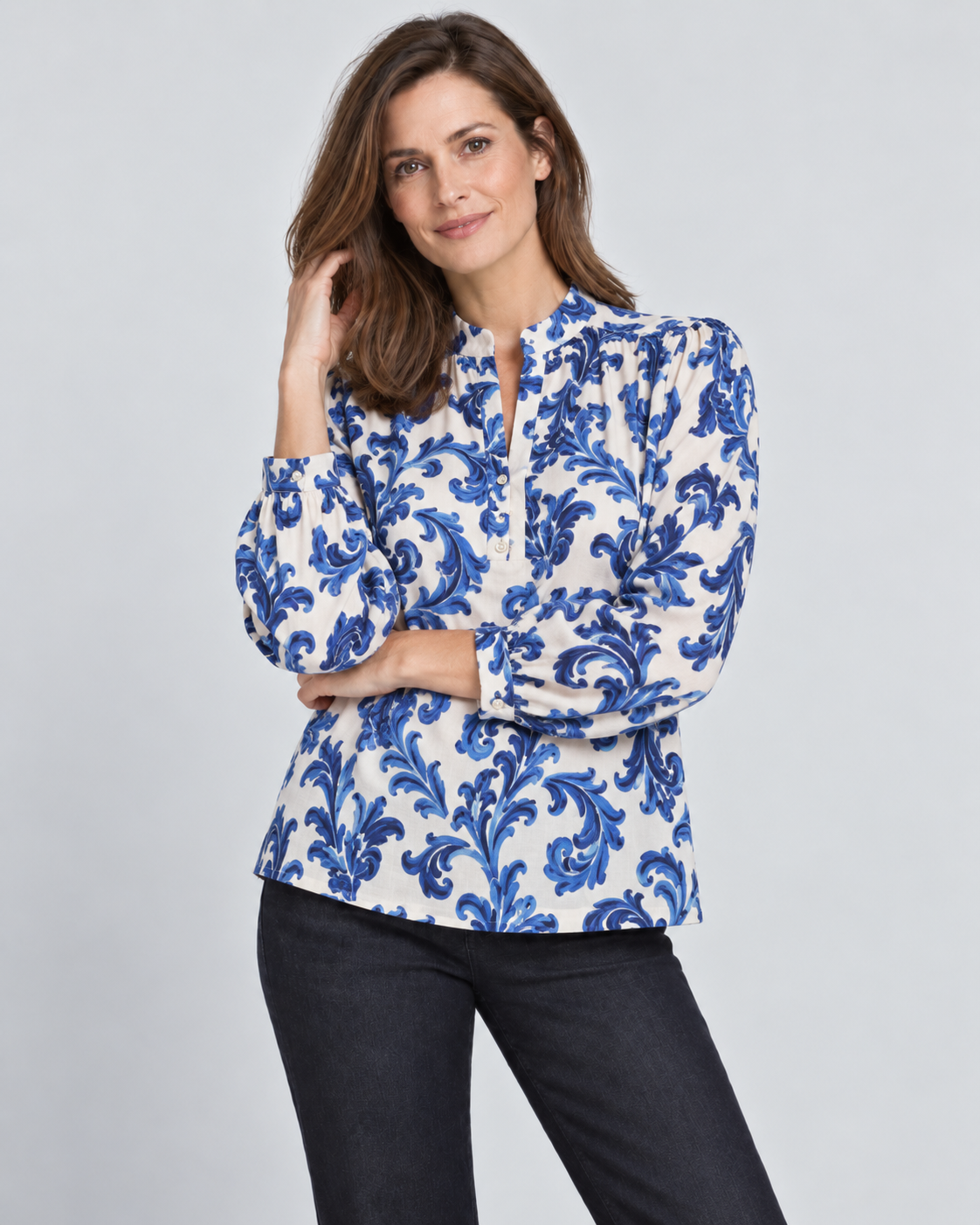Carrie Blouse, Off White & Blue Rococo Print