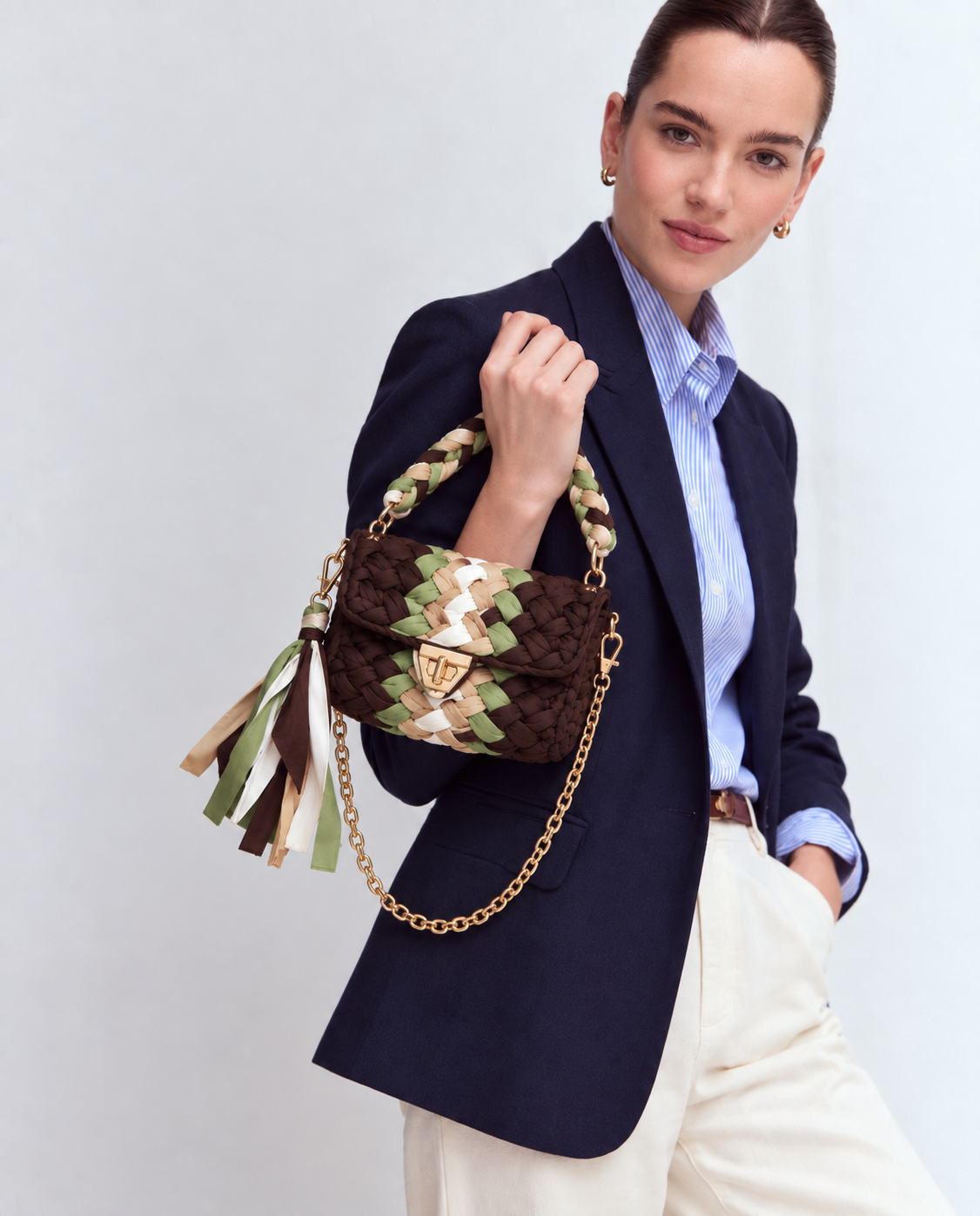 Marian Braided Bag, Brown & Green