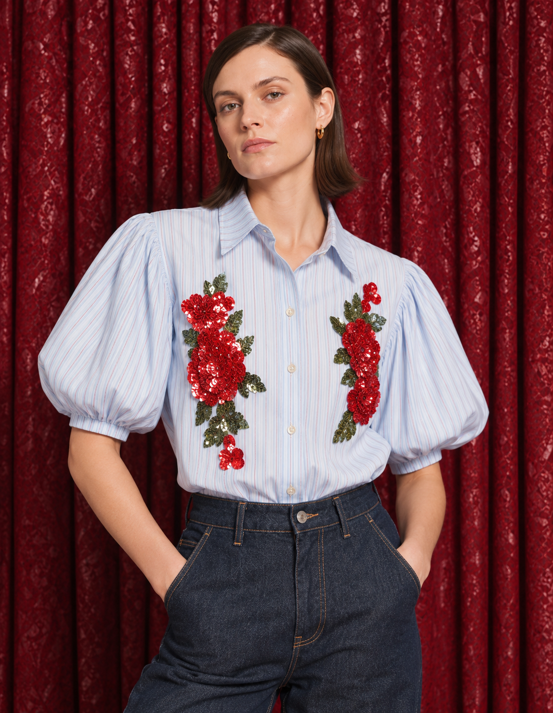 Marble Stripe Embellished Blouse, Baby Blue