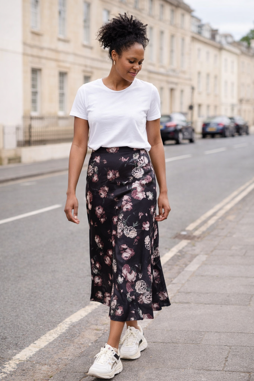 Evelyn Floral Print Satin Midi Skirt, Black