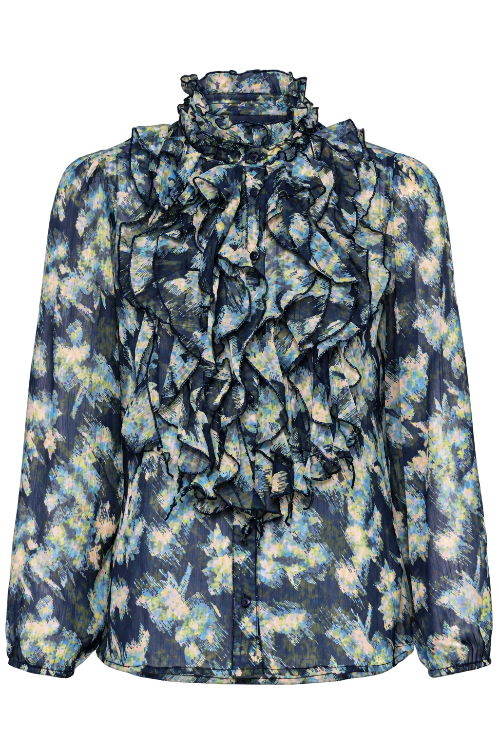 Front product view of the Lilja Blouse in Big Dipper Camo, showing a blue patterned fabric, layered ruffles and long sleeves.