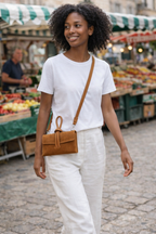 Suede Leather Loop Bag, Dark Tan