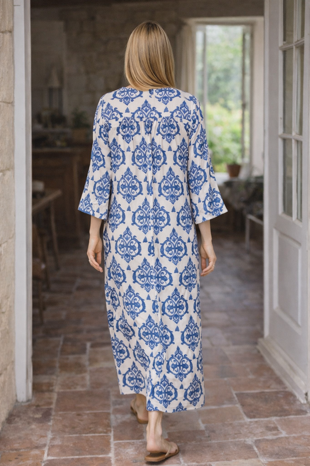 Zentha Satin Dress, Off-White and Blue