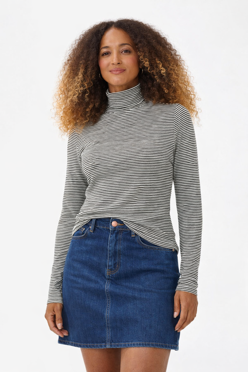 Amma Long Sleeve Rollneck Tee Shirt, Black and White Stripe