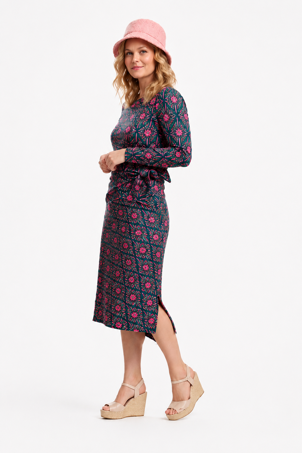 Claudia Jersey Tie Midi Dress, Green/Multi, Flower Explosion