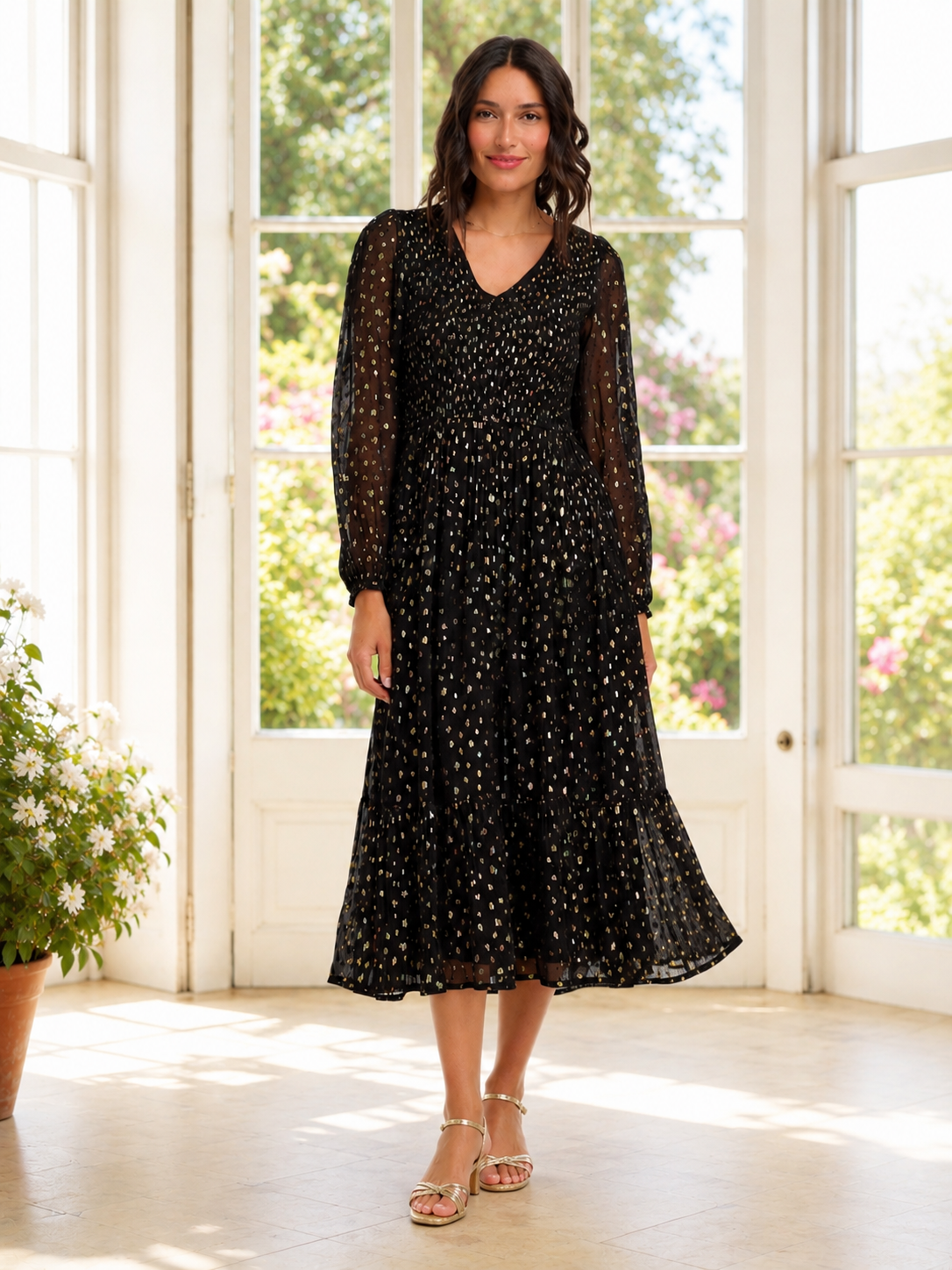 Jacqueline Shirred Midi Dress, Black, Metallic Spot – Wardrobe At The Cross