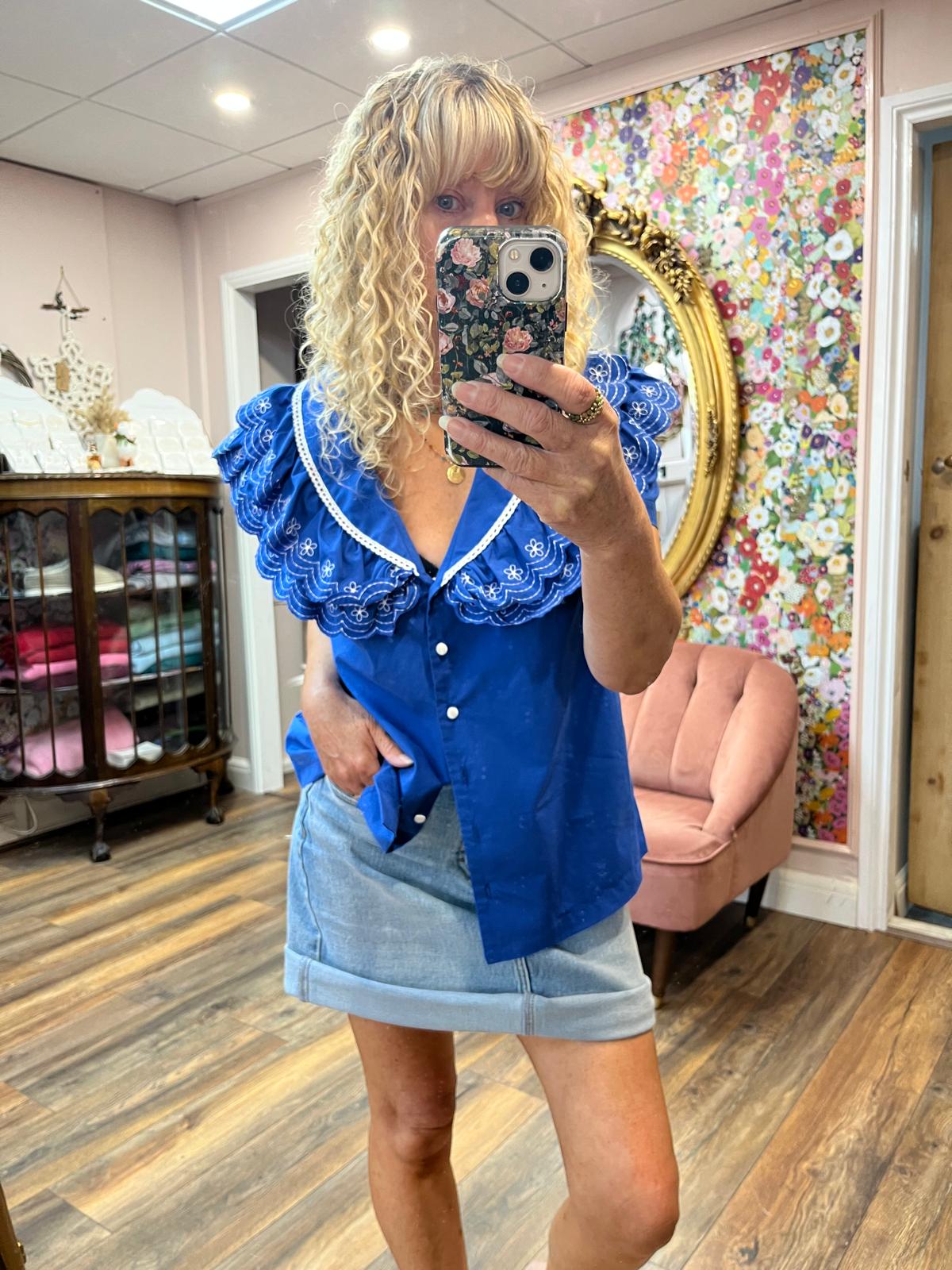 Aegean Trim Blouse, Cobalt Blue