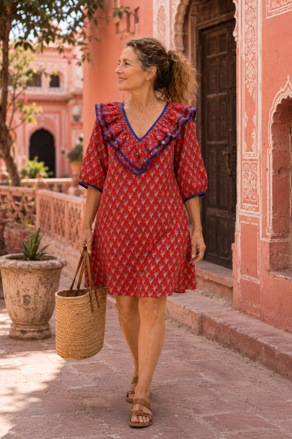 Keri Block Print Cotton Dress with Ruffle Detail, Poppy Red