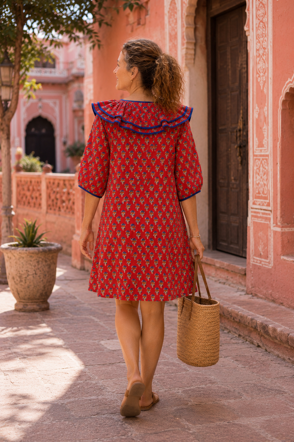 Keri Block Print Cotton Dress with Ruffle Detail, Poppy Red