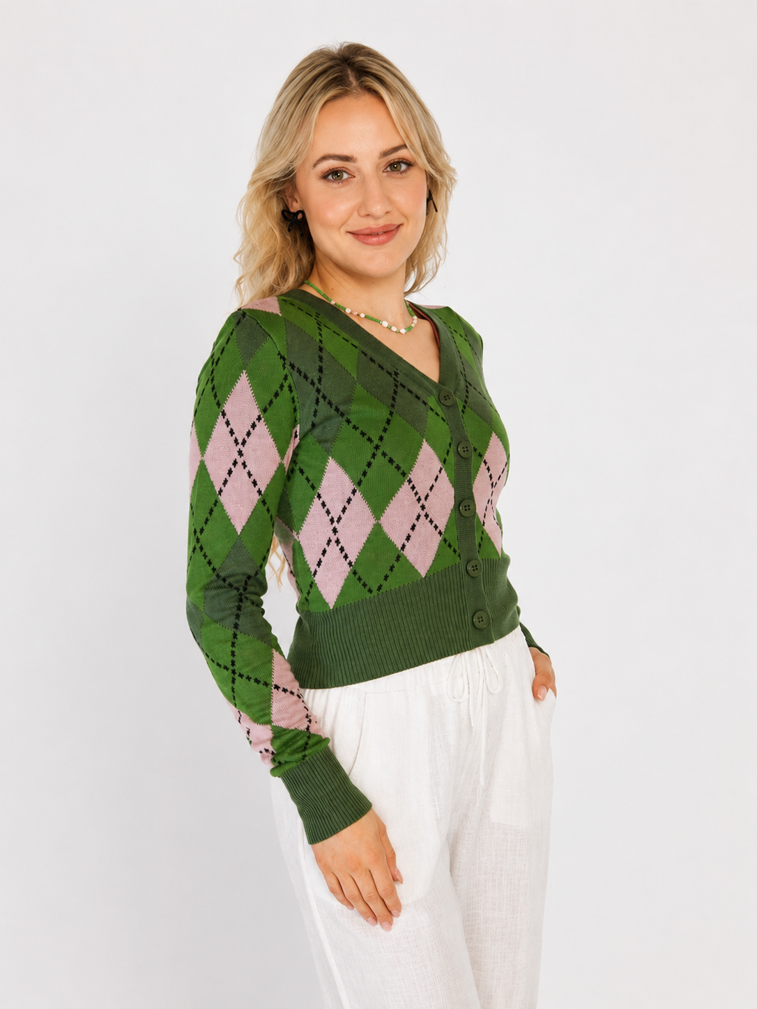 Argyle V-Neck Cardigan, Green