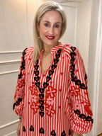 Juli Suzani Embroidered Kaftan Dress, Red Stripe