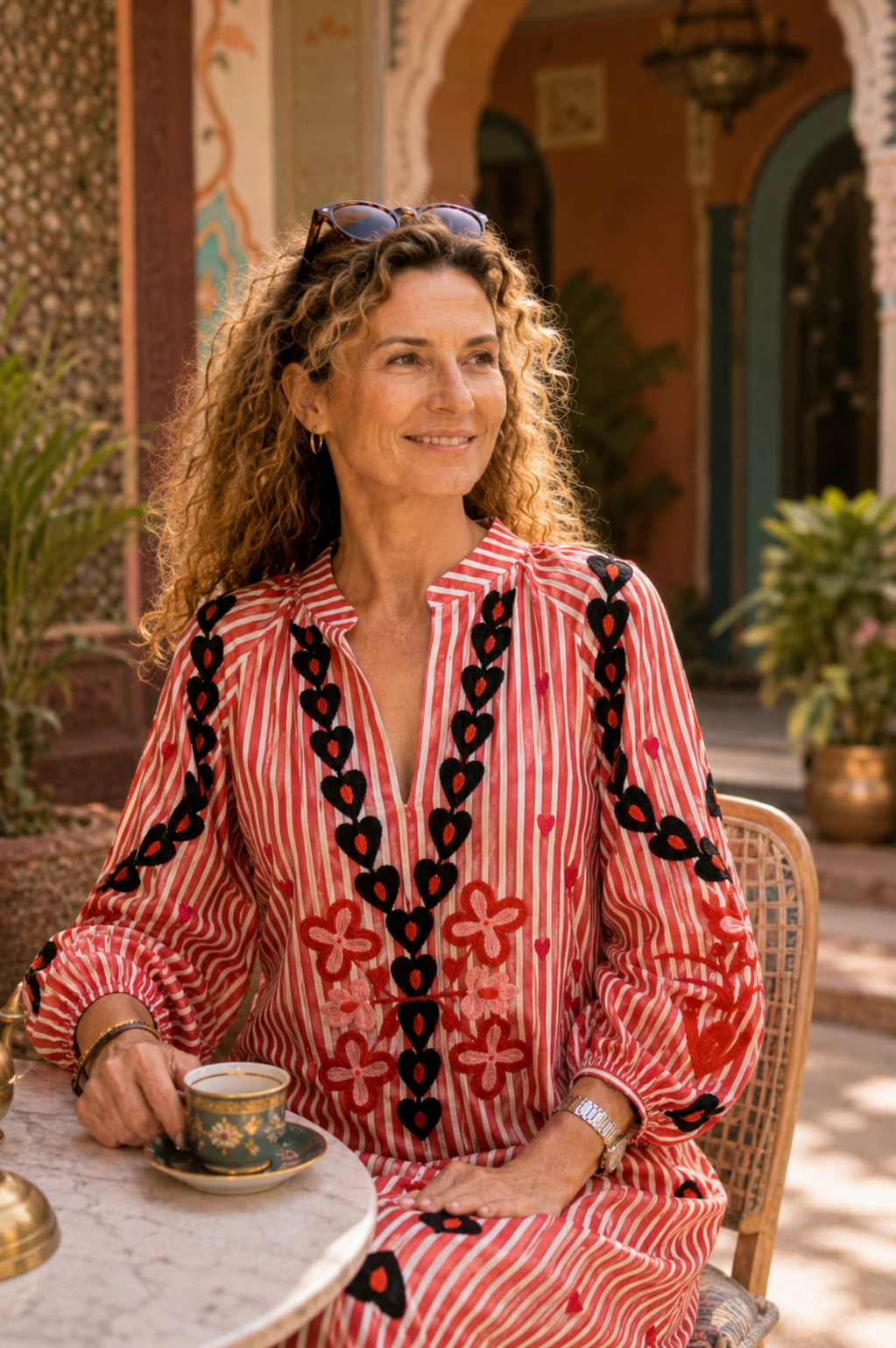 Juli Suzani Embroidered Kaftan Dress, Red Stripe