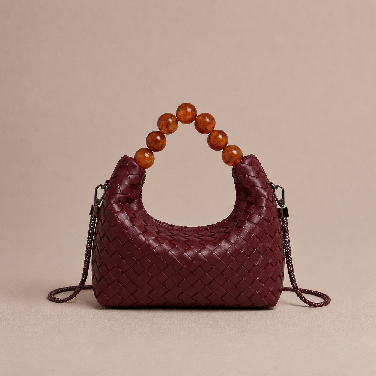 Woven Tote Bag with Beaded Handle, Wine