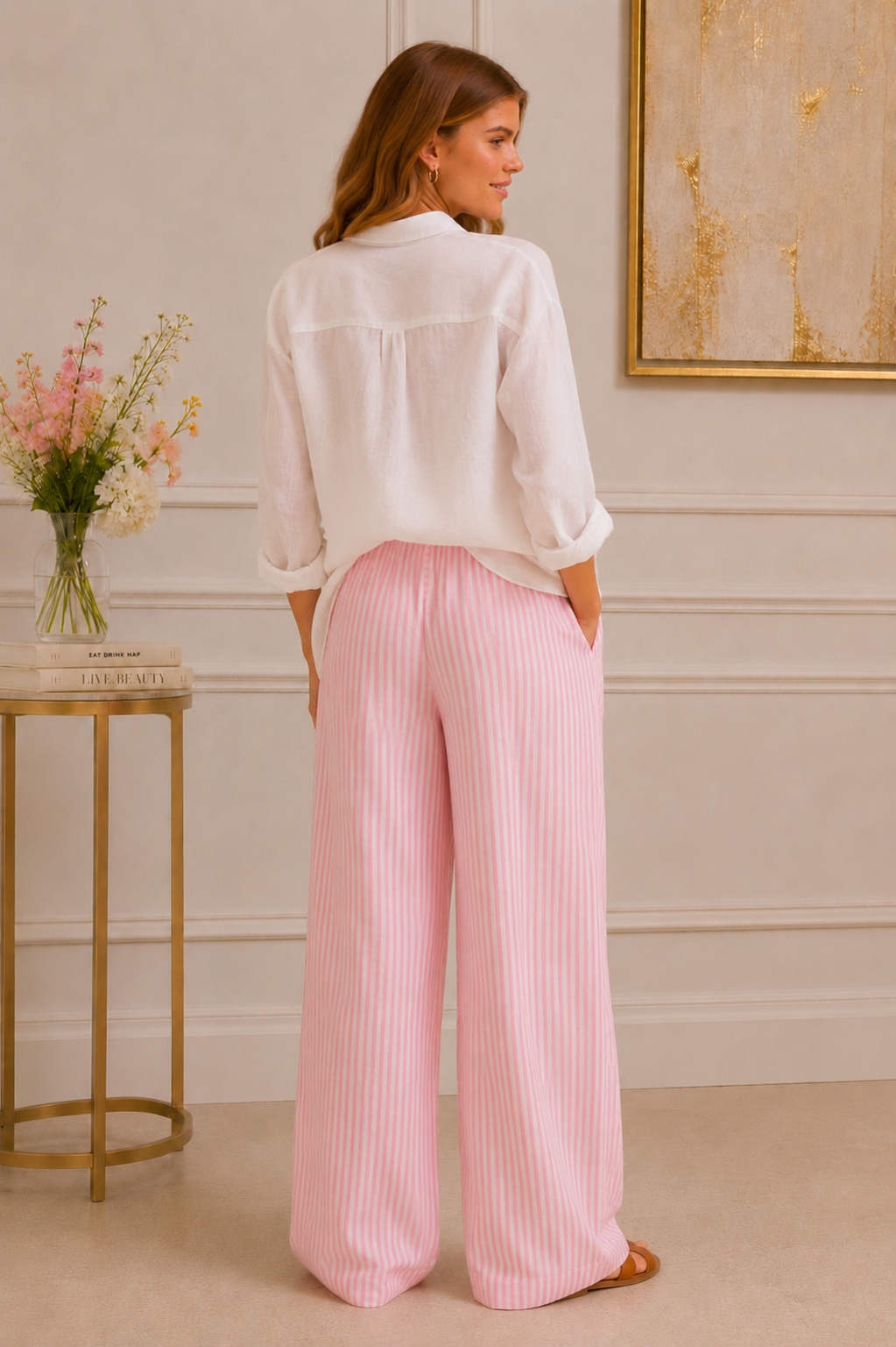Dean Cotton Trouser, Pale Pink Stripe