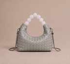 Woven Tote Bag with Beaded Handle, Grey