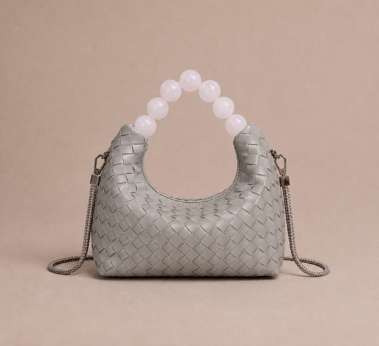 Woven Tote Bag with Beaded Handle, Grey
