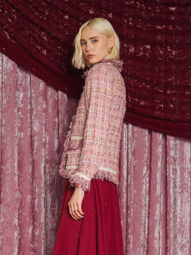 Solace Fringe Tweed Jacket, Multi Pink